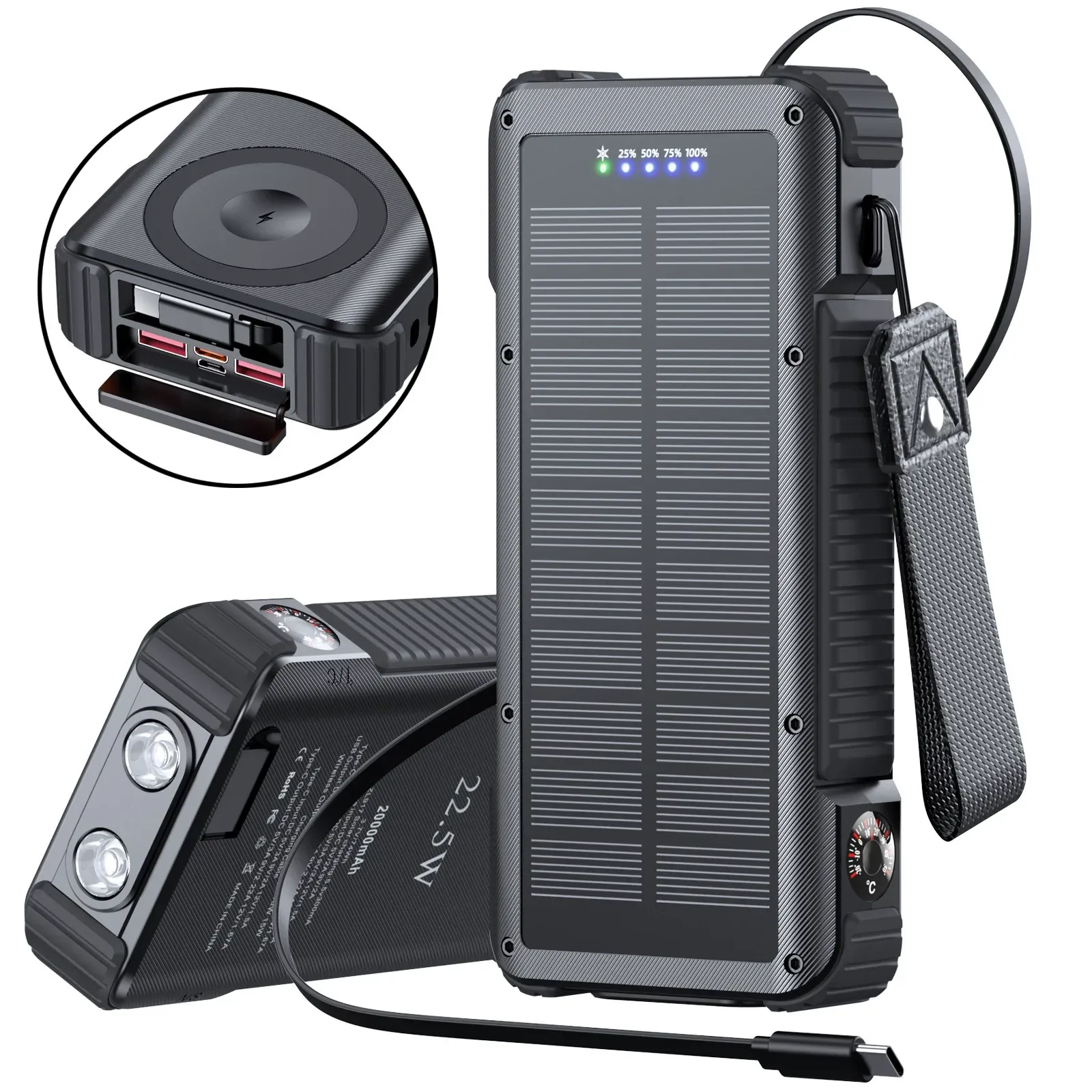 20000mAh Retractable Cable Solar Power Bank TU-ZL917 thumbnail 2