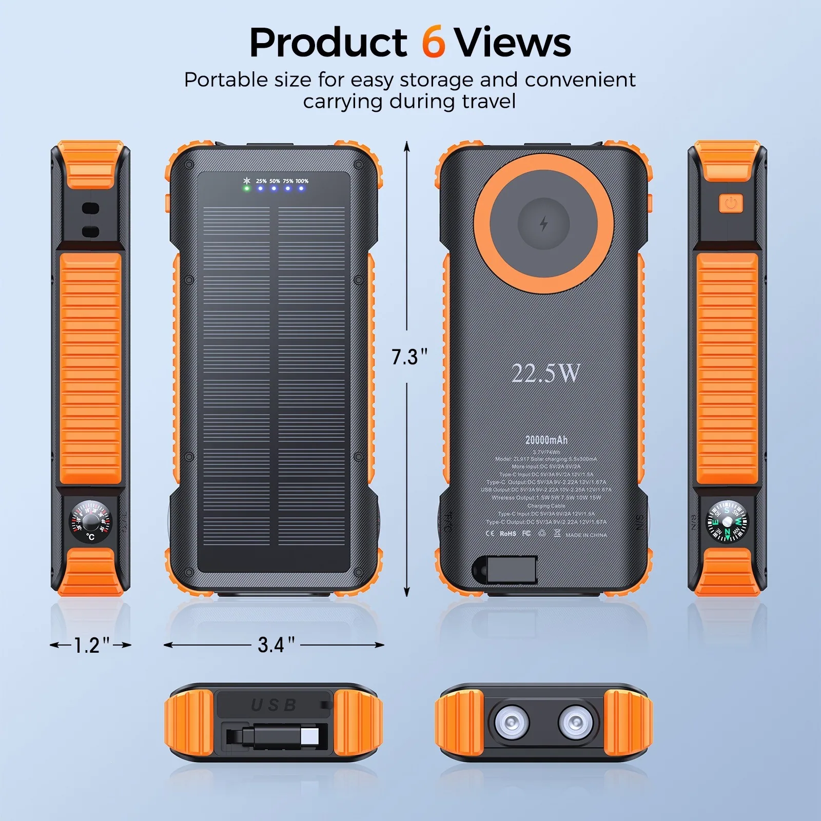 20000mAh Retractable Cable Solar Power Bank TU-ZL917 thumbnail 8